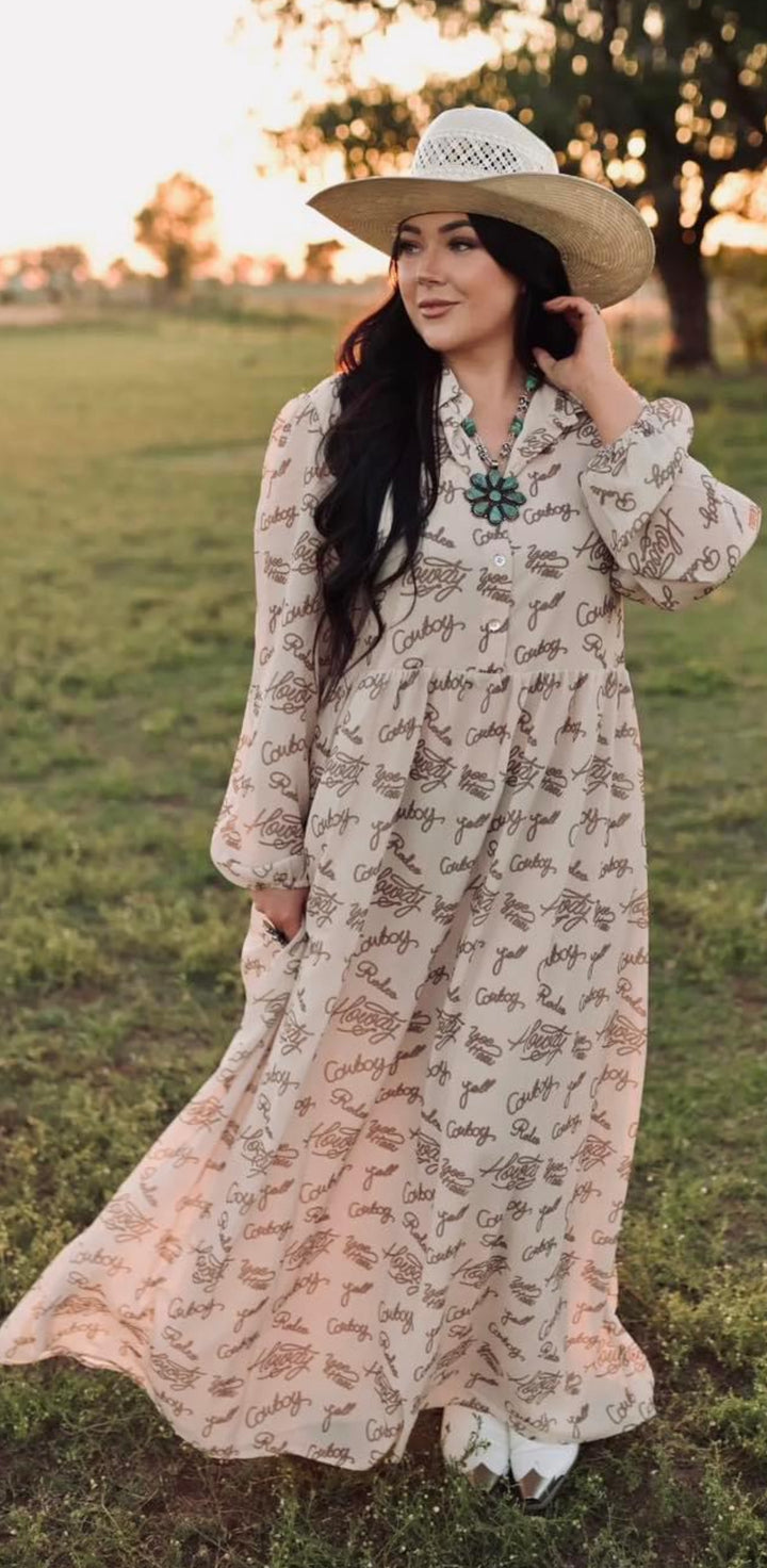 Cowgirl Lasso Script Empire Waist Prairie Dress