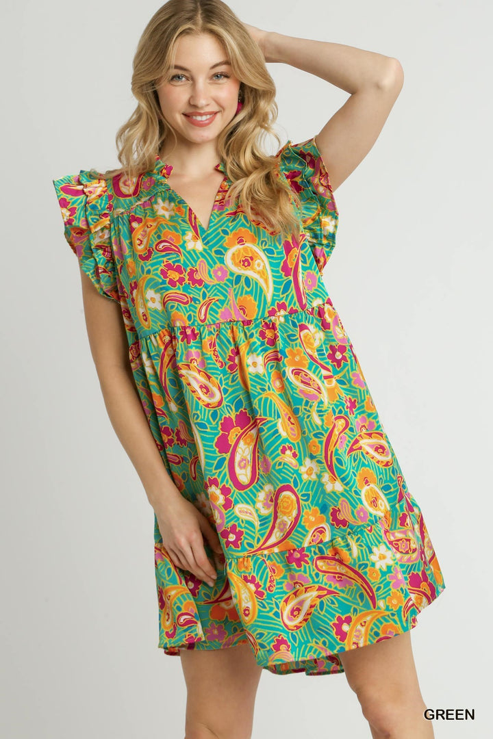 Umgee Ruffle V Neck Paisley A Line Dress WIth Puff Sleeves