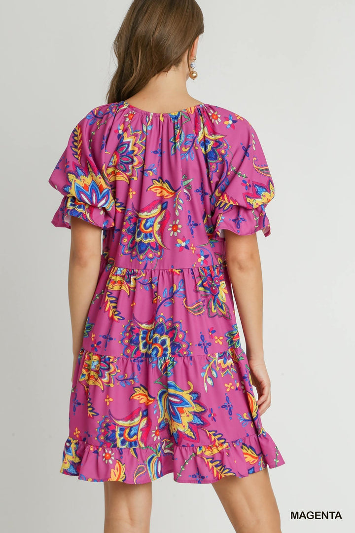 Umgee Magenta Paisley Print Puff Sleeve Dress