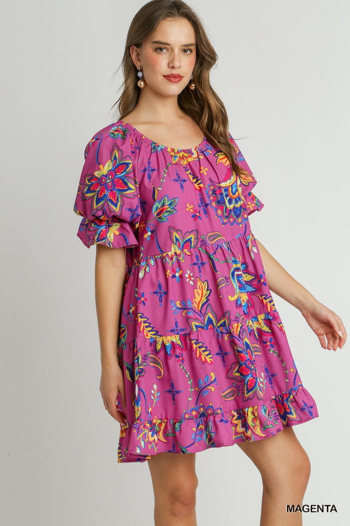 Umgee Magenta Paisley Print Puff Sleeve Dress