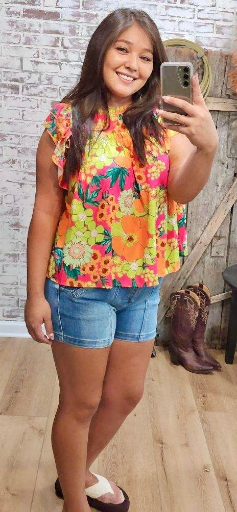 Bright Neon Floral Ruffle Baby Doll Top