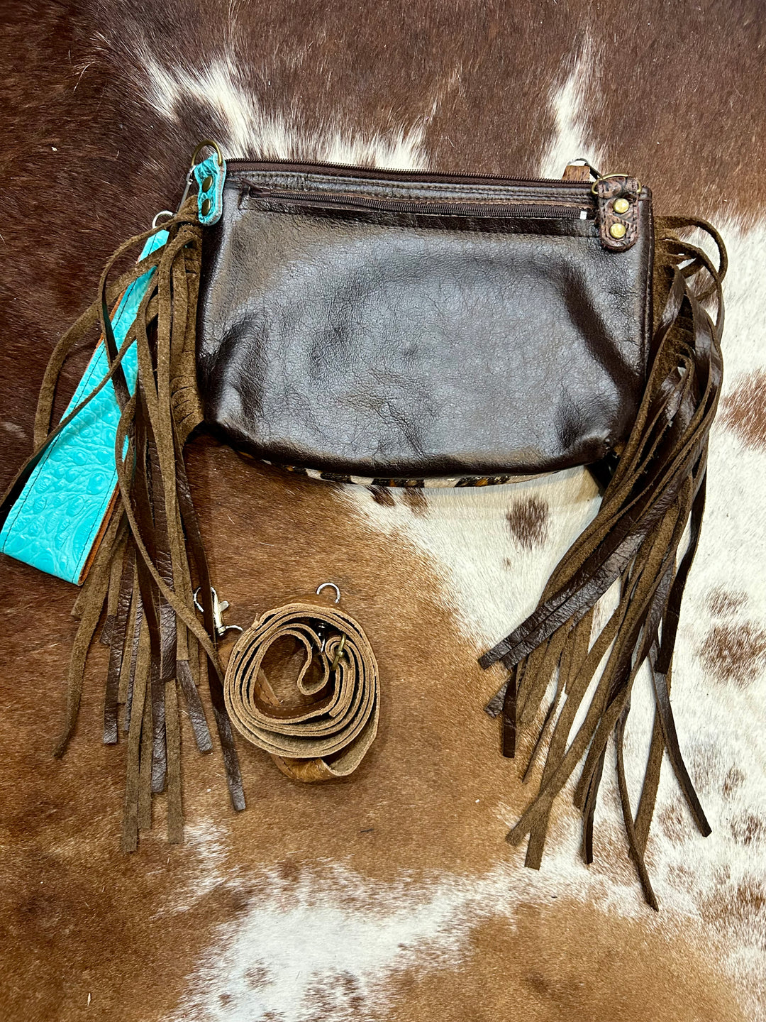 Turquoise Croc And Leopard cowhide Wristlet crossbody