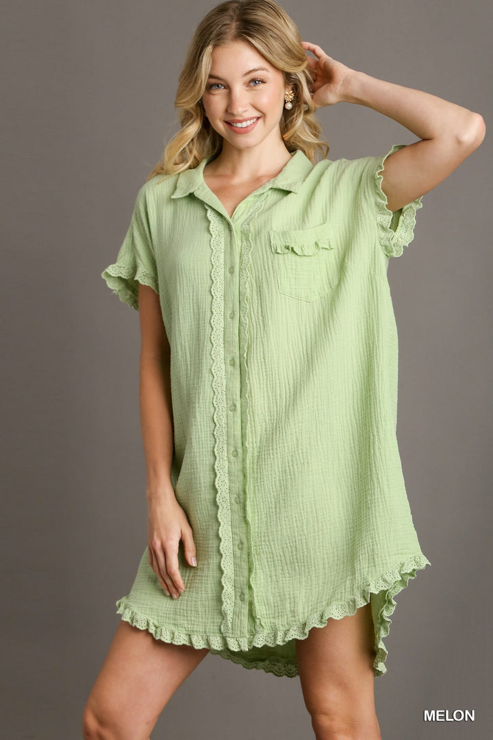 Umgee Collared Button Down Short Sleeve Dress