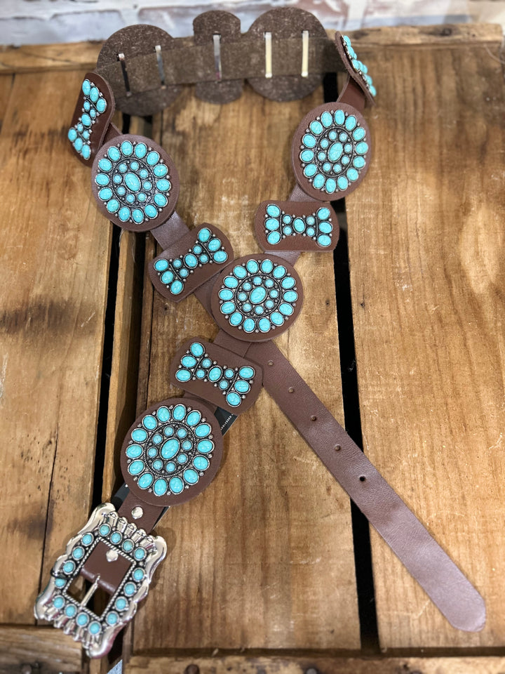 Brown leather Turquoise Cluster Concho Belt