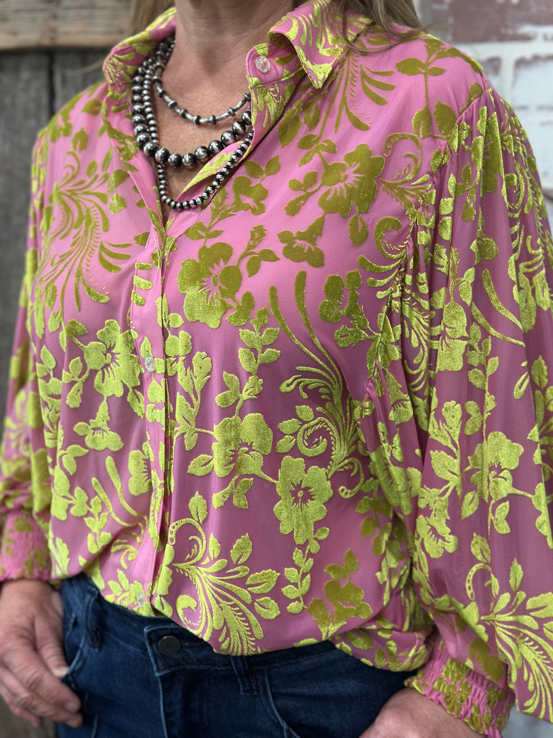 Pink Green Brocade Balloon Sleeve Blouse