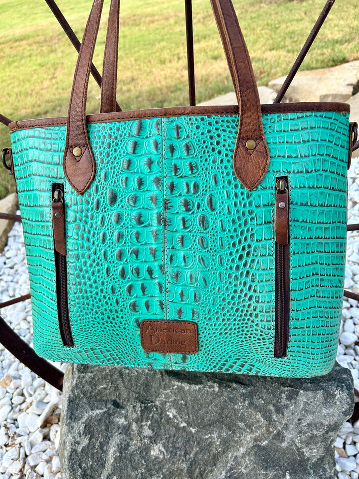 Turquoise Croc Leather Tote