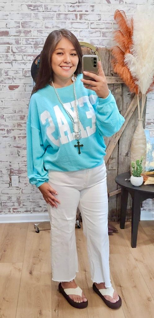 Turquoise Texas Corded Pullover