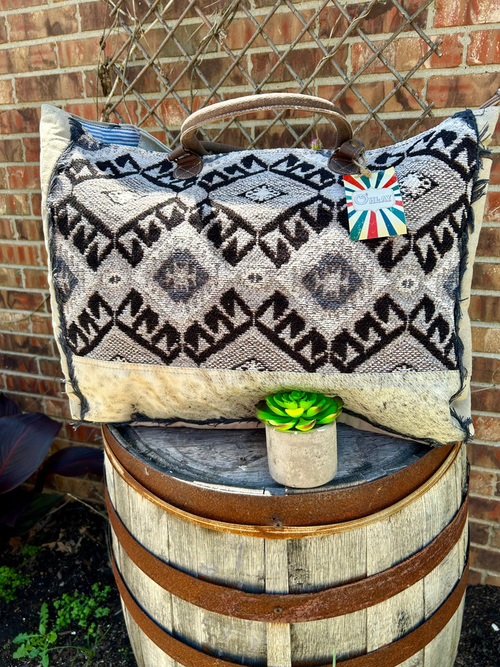 Large Gray Cowhide Aztec Print Tote