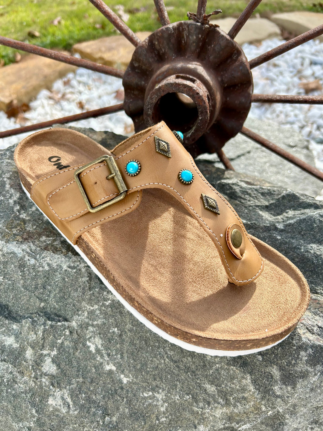 Cognac And Turquoise Studded Thong Sandals