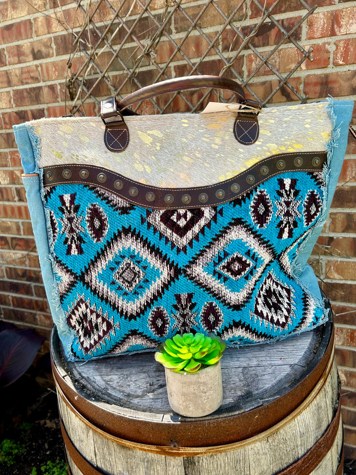 Large Blue Aztec Cowhide Tote