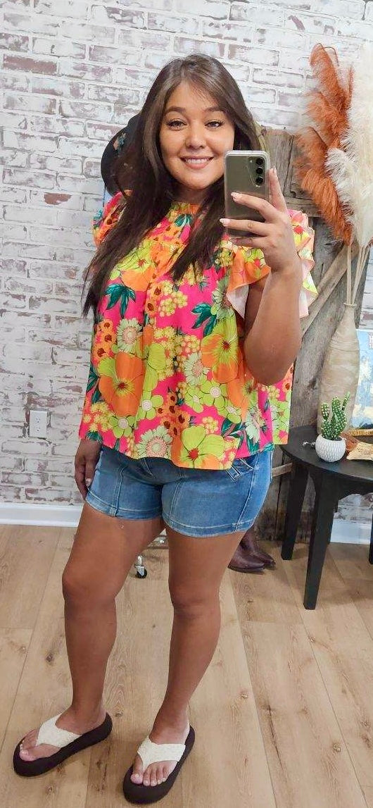 Bright Neon Floral Ruffle Baby Doll Top