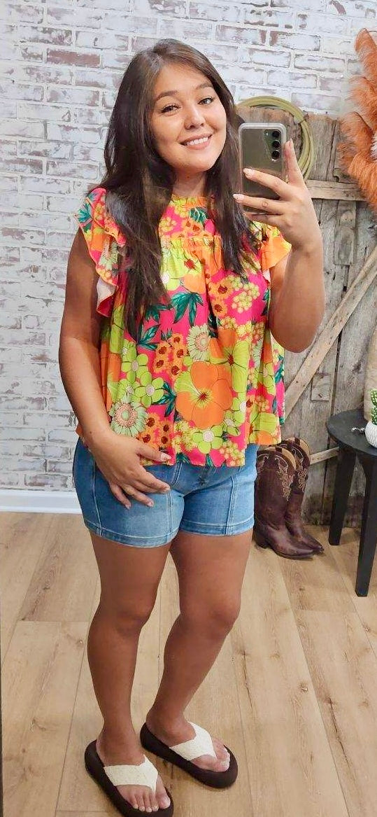 Bright Neon Floral Ruffle Baby Doll Top