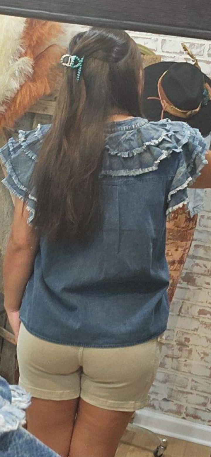 Tattered And Ruffled Denim Baby Doll Top