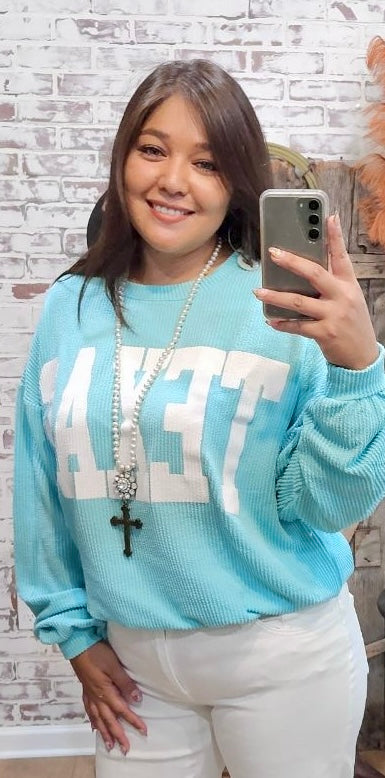 Turquoise Texas Corded Pullover