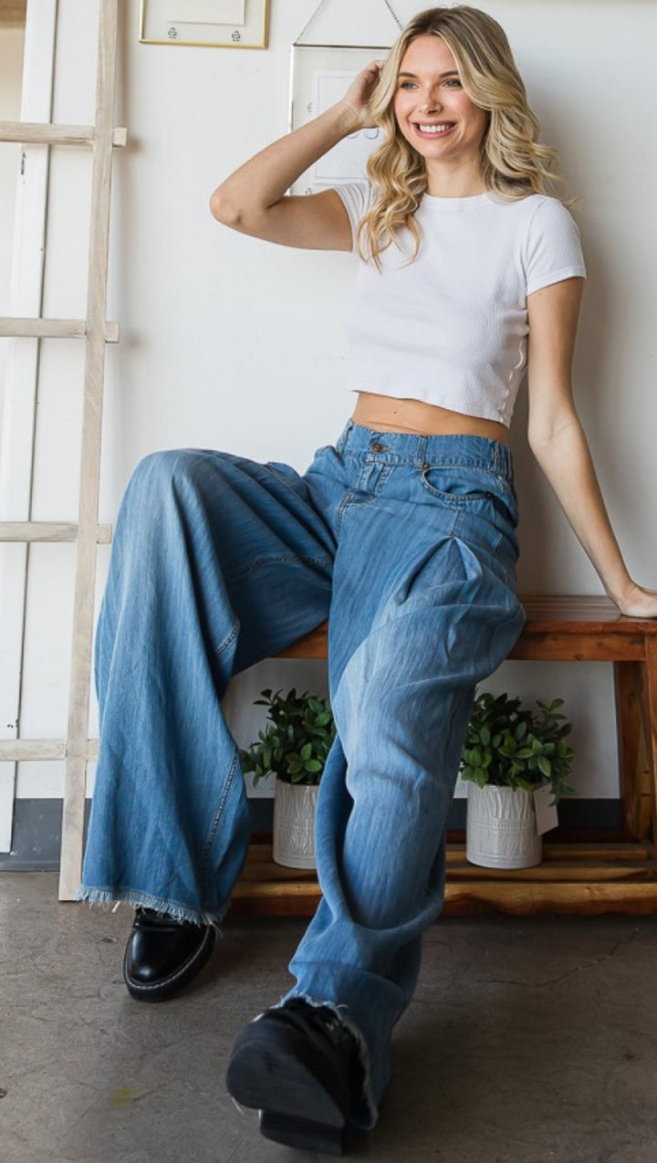 Pleat Detail Wide Leg Denim Pants