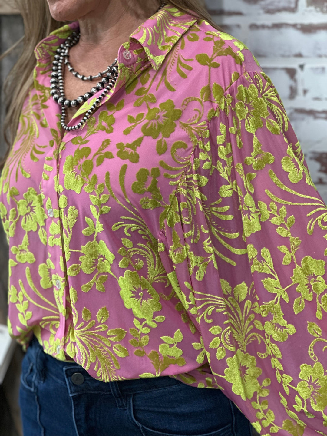 Pink Green Brocade Balloon Sleeve Blouse