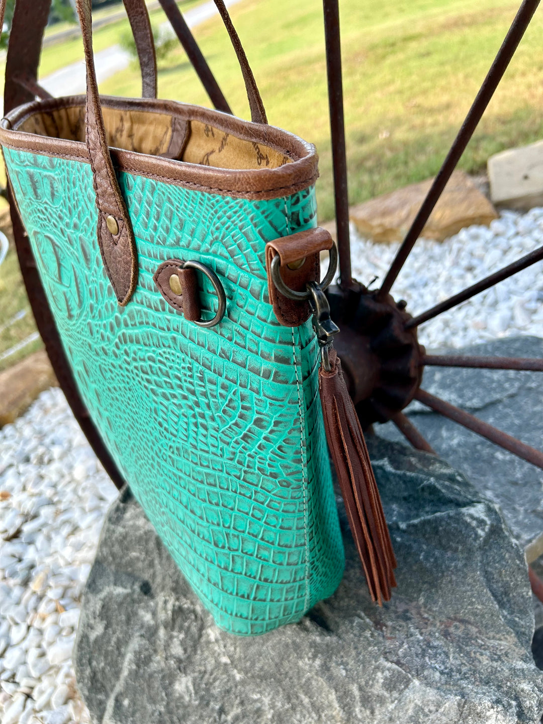 Turquoise Croc Leather Tote