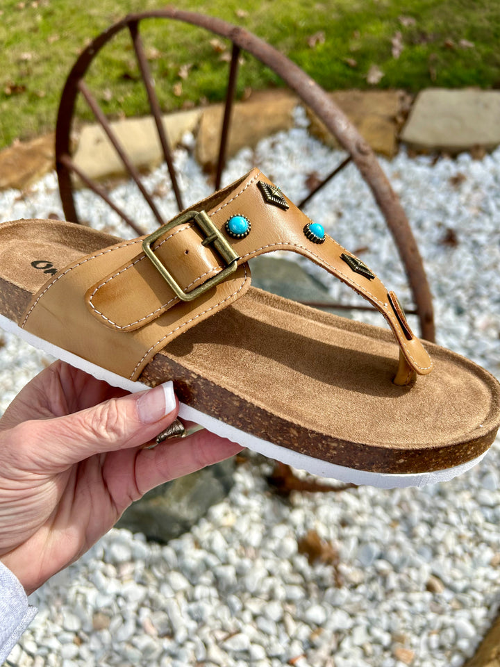 Cognac And Turquoise Studded Thong Sandals