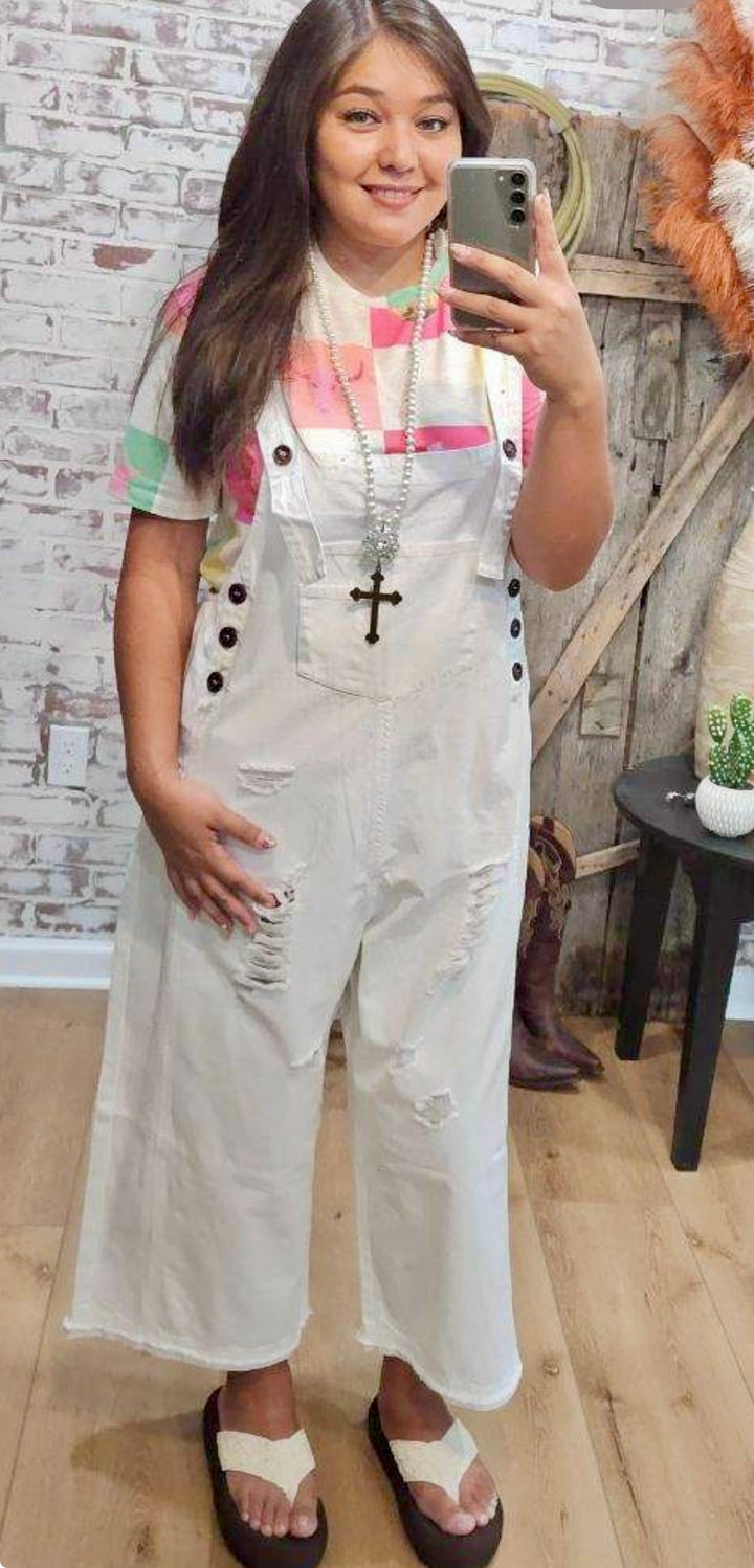 Easel White Twill Distressed Overalls