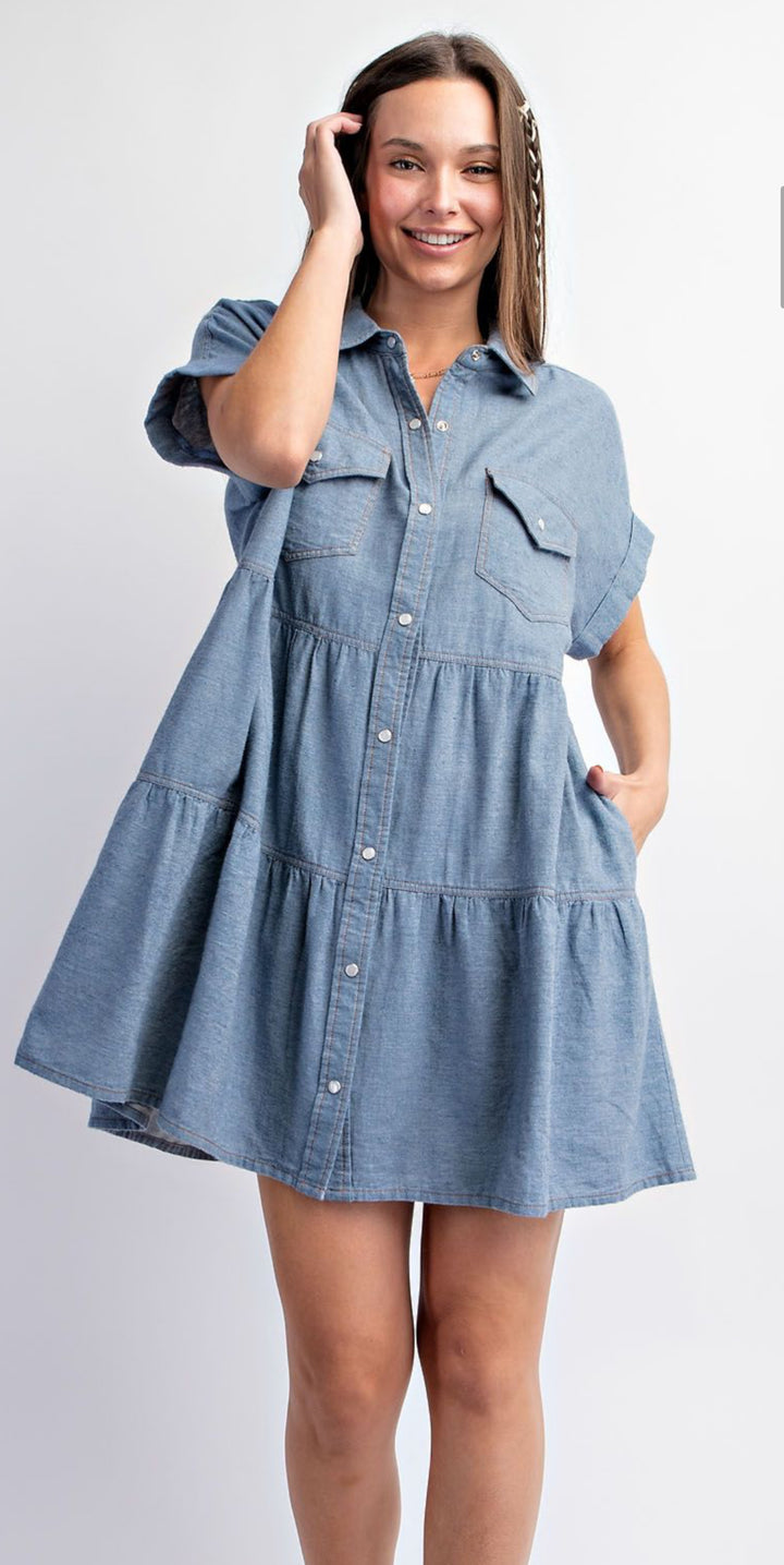 Easel Button Down Tiered Denim Dress