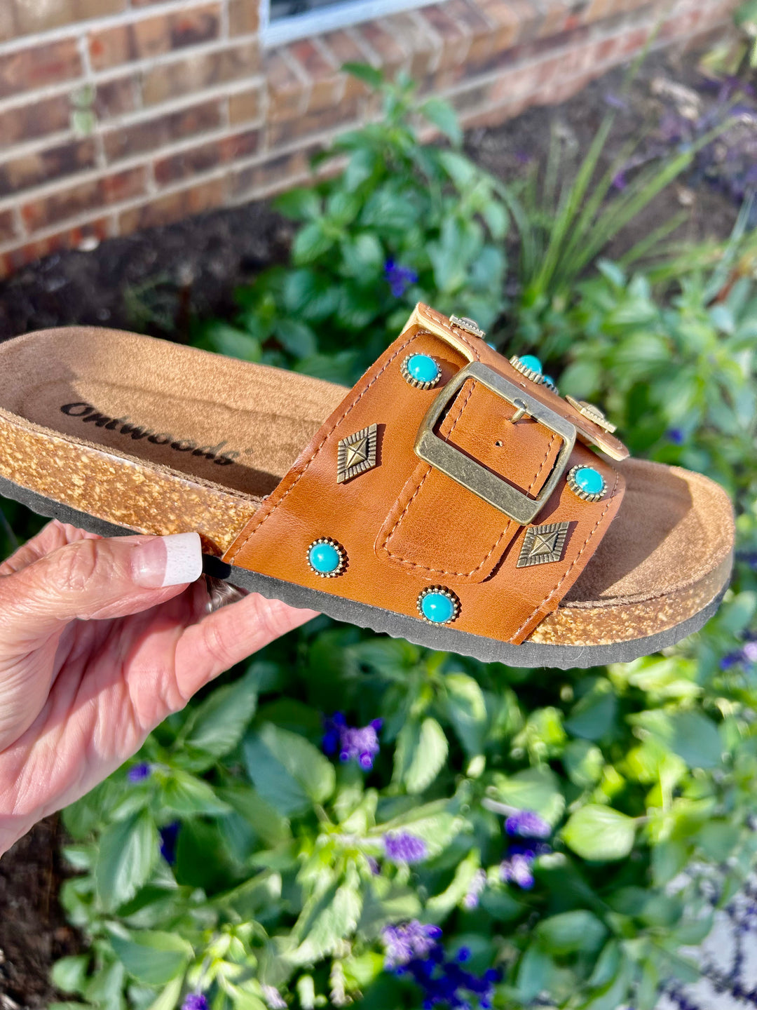 Cognac Turquoise Embellished Slides