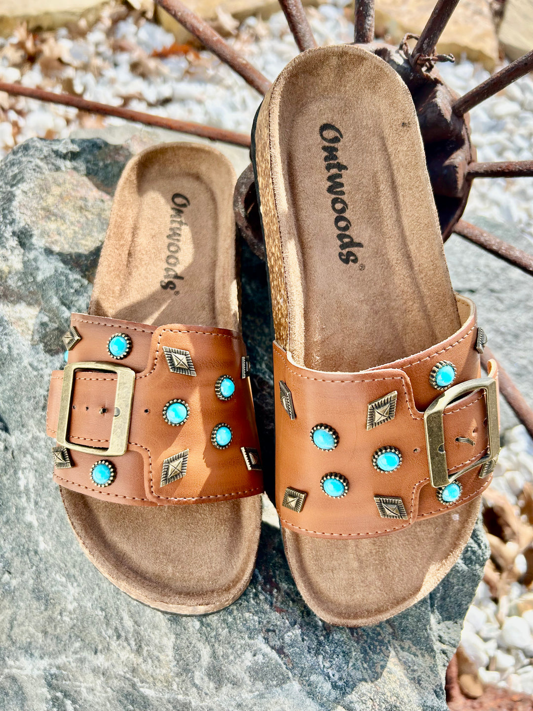 Cognac Turquoise Embellished Slides