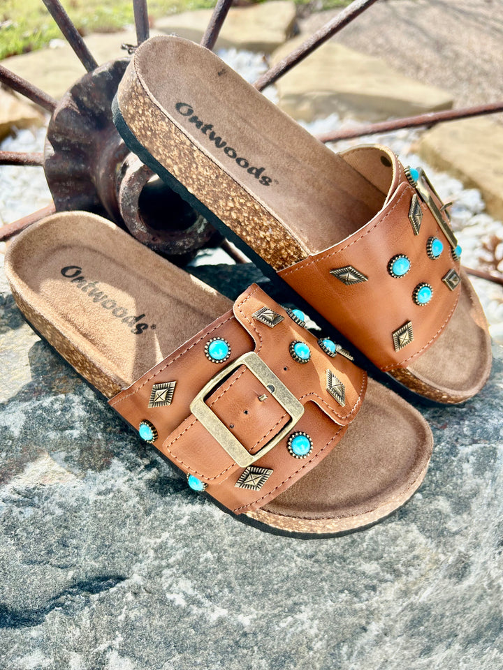 Cognac Turquoise Embellished Slides