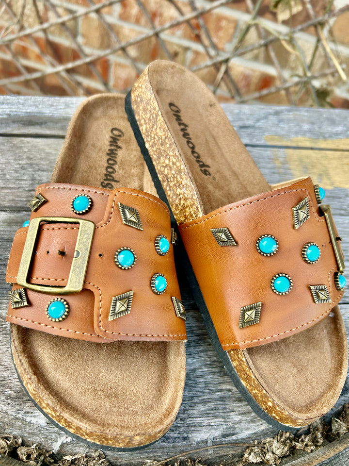 Cognac Turquoise Embellished Slides