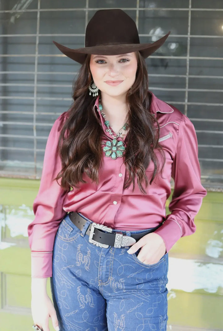 Long Sleeve Berry Silk Retro Pearl Snap Western Shirt