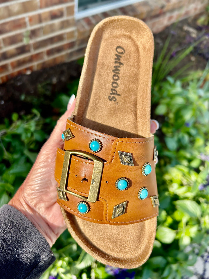 Cognac Turquoise Embellished Slides