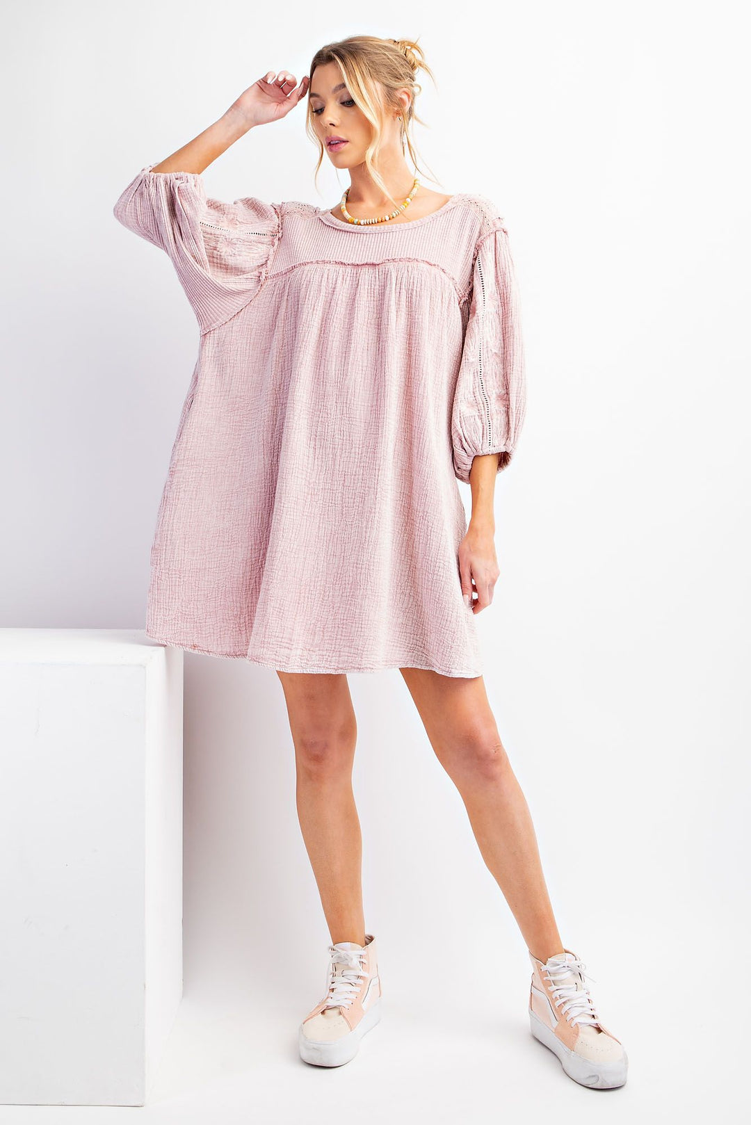 EASEL MINERAL WASHED COTTON GAUZE TUNIC DRESS