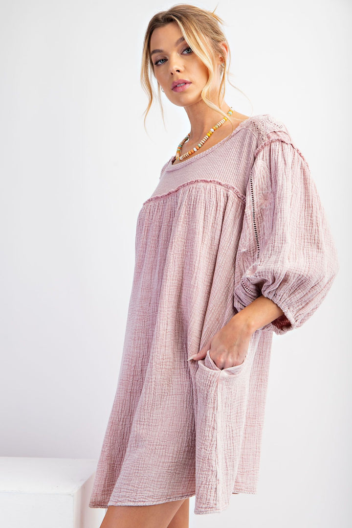 EASEL MINERAL WASHED COTTON GAUZE TUNIC DRESS