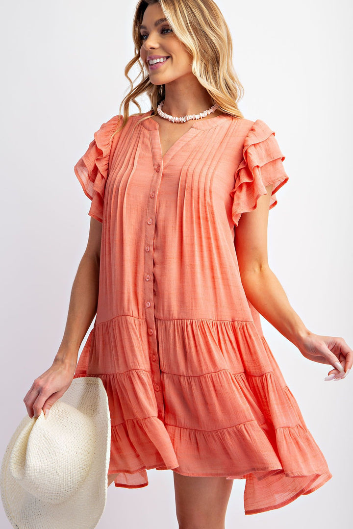 EASEL PEACH RUFFLE SLEEVE CREPE DRESS