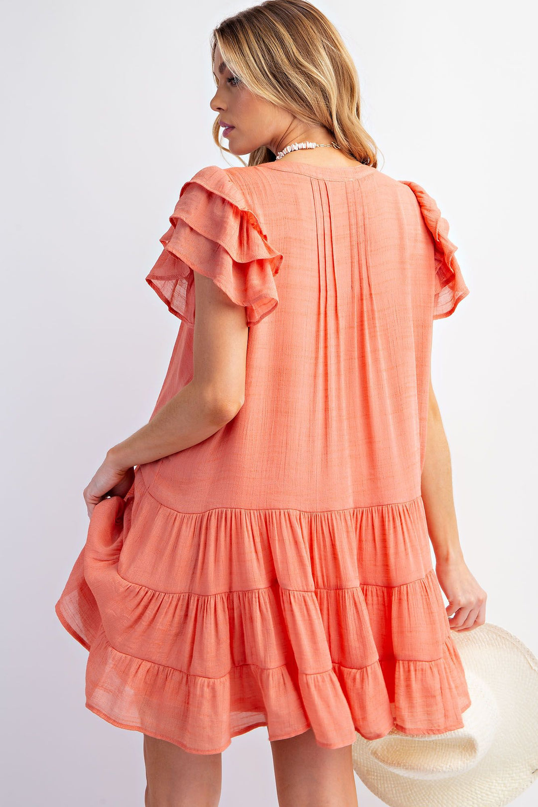 EASEL PEACH RUFFLE SLEEVE CREPE DRESS