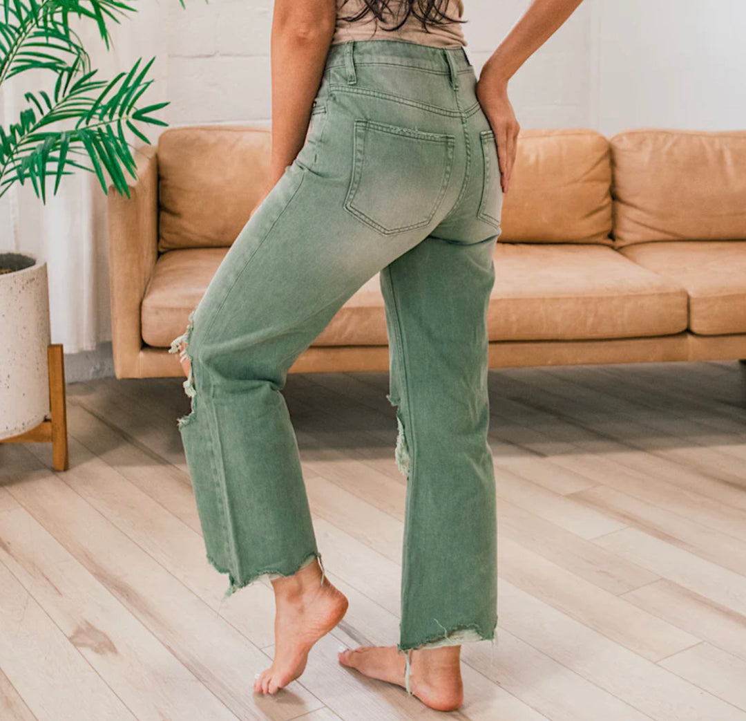 Army Green Vintage Crop Flare Jeans