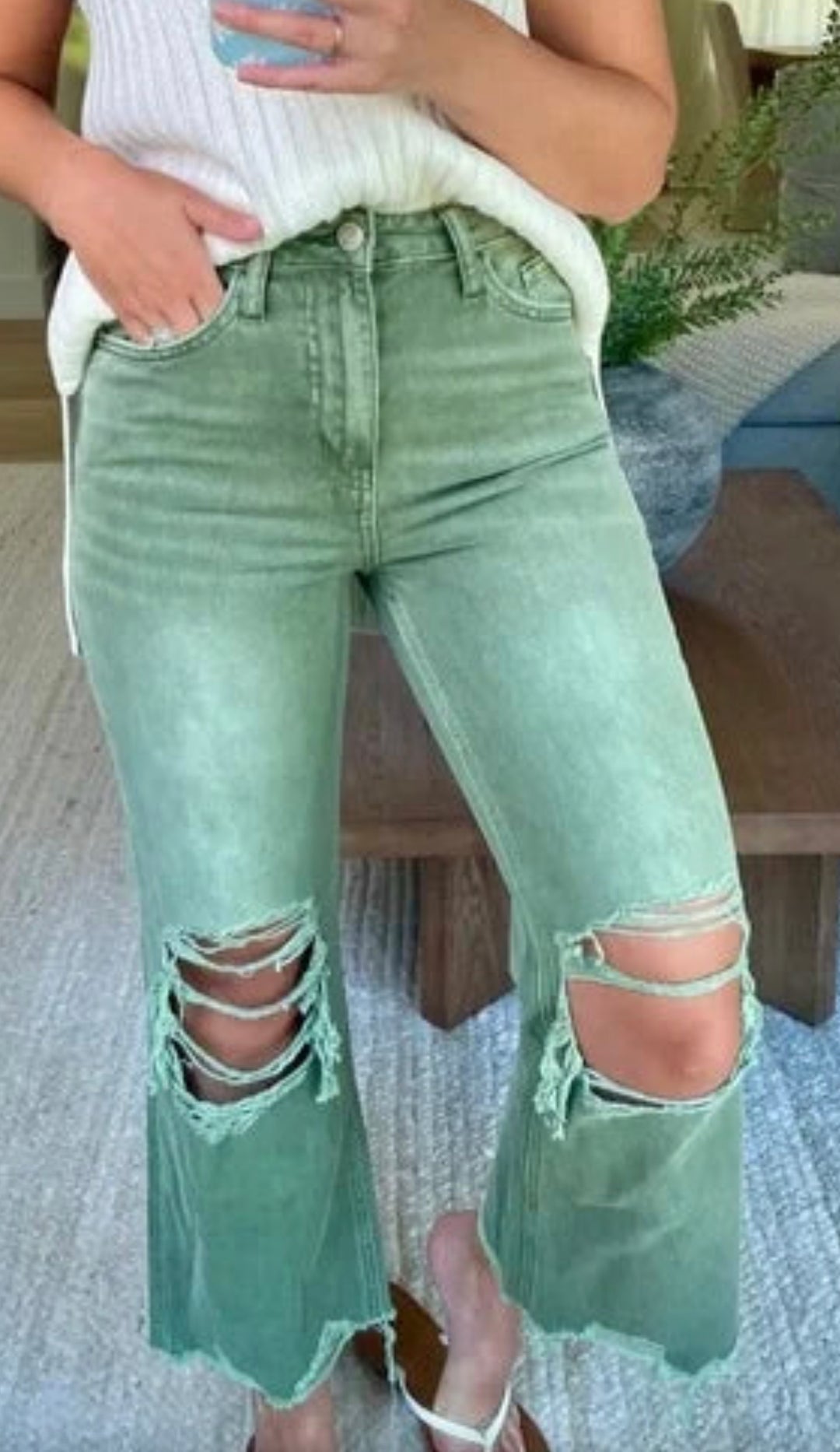 Army Green Vintage Crop Flare Jeans