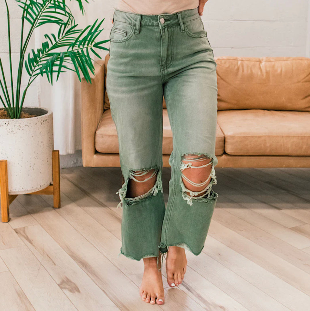 Army Green Vintage Crop Flare Jeans