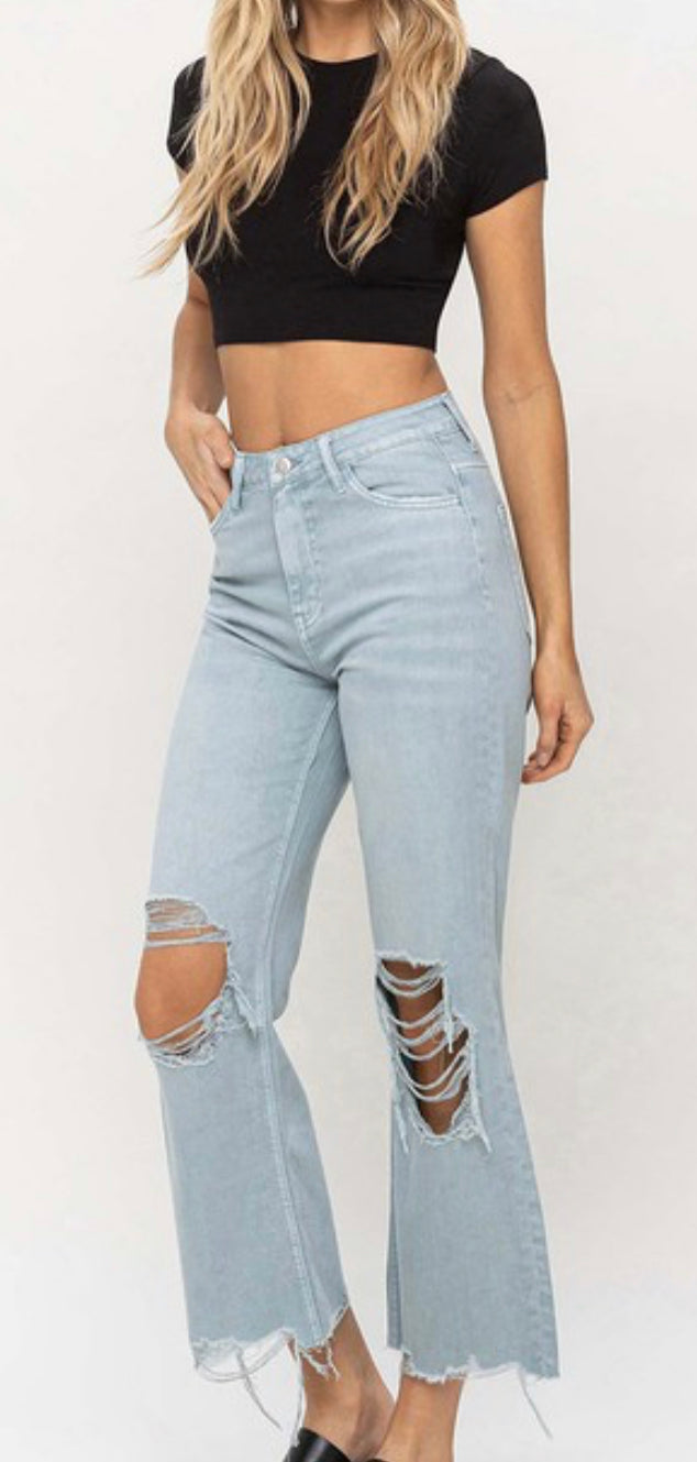 Washed Light Denim Crop Flares