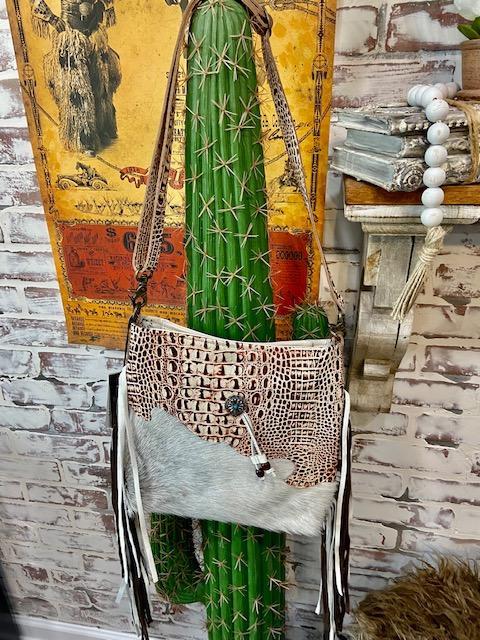 Cowhide and Crocodile Fringe Crossbody