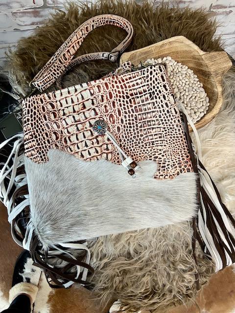 Cowhide and Crocodile Fringe Crossbody